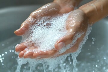 Fototapeta premium Handwashing with Soap Under Running Water to Prevent COVID-19 Hygiene Awareness