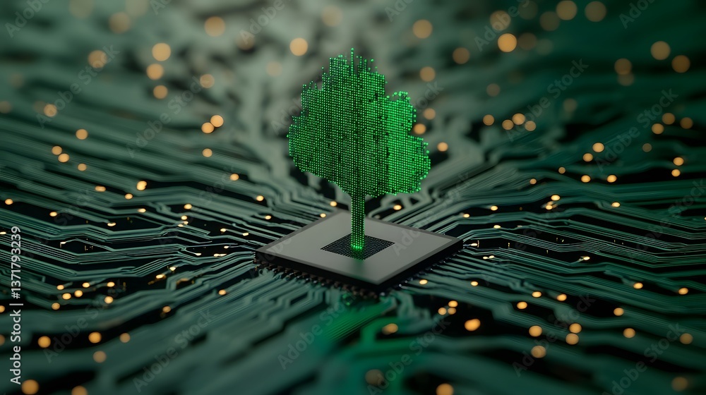 Poster digital tree emerging from circuit board, fusion of technology and nature concept