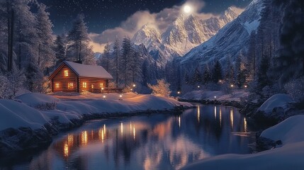 Fototapeta premium Cozy log cabin in snowy mountain landscape at night with warm lights and moonlit river