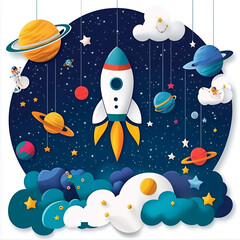 Whimsical Paper Craft Rocket and Planets Mobile in a Dark Blue Night Sky