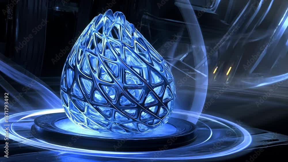 Poster glowing blue crystal artifact on display in futuristic environment with intricate patterns and dynam