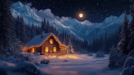 Christmas Night in Cozy Log Cabin with Warm Lights in Snowy Forest Under Starry Sky