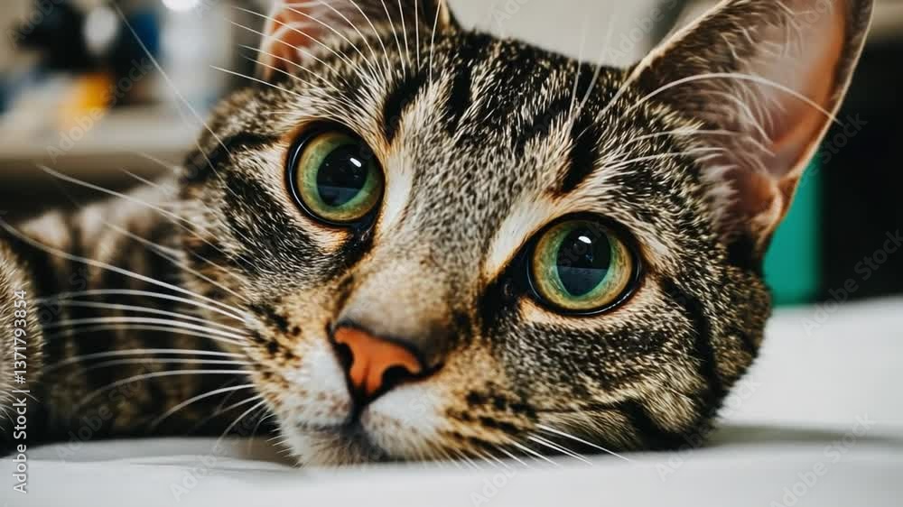 Aufkleber close-up of a relaxed domestic cat with striking green eyes laying on soft surface relaxing in a com