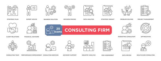 consulting firm icon collection set. Containing design Strategic Plan,expert advice,business solution,Decision Making,data analysis,Strategic insight,problem solving,project management,client relation