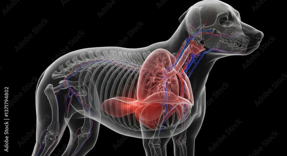 Poster an artistic representation of a dog's anatomical structure highlighting organs and vascular system w