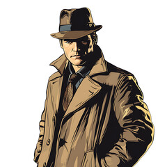 Stylish detective character in trench coat.