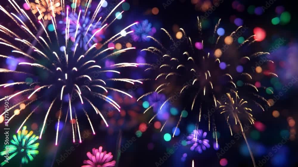Poster vibrant and colorful fireworks display illuminating the night sky with multicolored sparks and bokeh