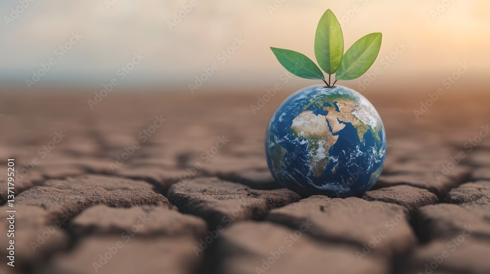 Poster abstract concept of earth transitioning from desert to greenery, climate change and reforestation sy