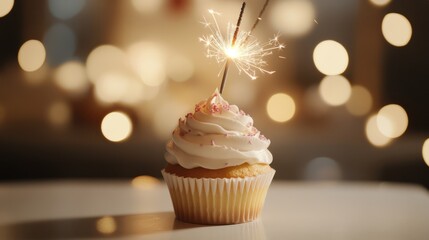 Festive celebration cupcake with lit sparkler on a white table against a soft blurred bokeh light background, perfect for party invitations, holiday desserts, and special occasion themes