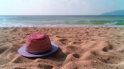 Summer Beach Hat on Sandy Shore  Ocean View