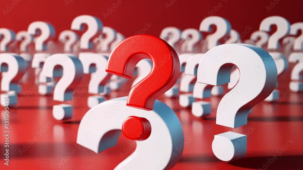 Poster red background filled with large question marks that evoke curiosity and uncertainty, symbolizing in