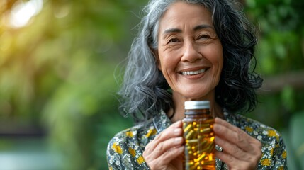 Fototapeta premium Elderly woman holding bottle of herbal supplements for memory care and cognitive health support, senior wellness and natural remedies concept.