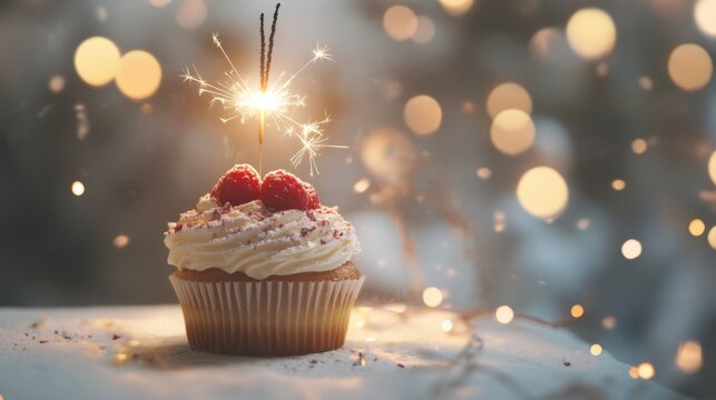 Festive celebration cupcake with lit sparkler on a white table against a soft blurred bokeh light background, perfect for party invitations, holiday desserts, and special occasion themes