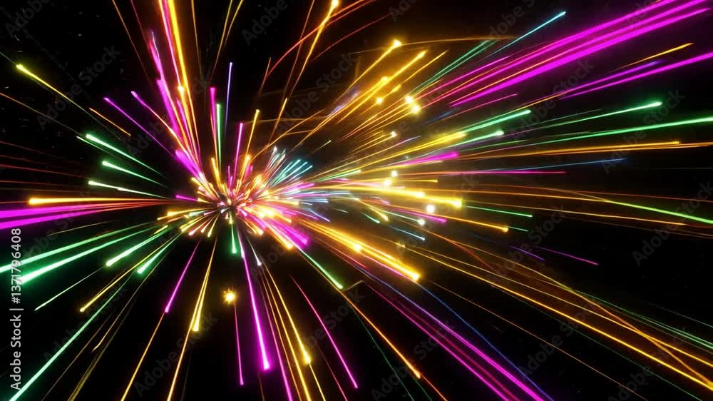 Poster colorful abstract light patterns with sparks and radiant lines against a dark background creating a 