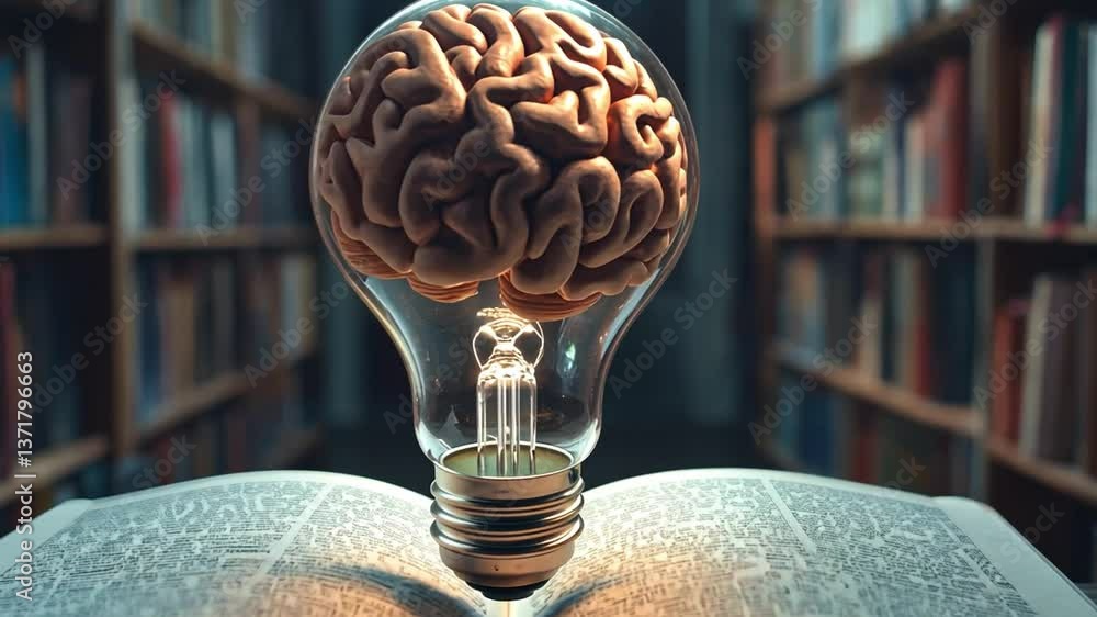 Poster brain inside light bulb over open book surrounded by bookshelf in library setting symbolizing knowle