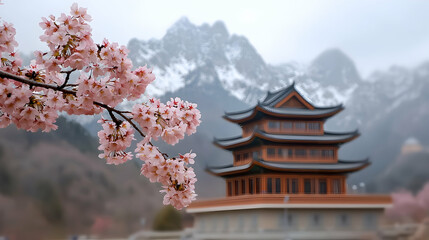 Fototapeta premium Pink Cherry Blossoms Blooming Near a Wooden Pagoda and Snowy Mountain