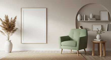 Elegant minimalist interior design showcasing a muted green chair, an empty poster frame ready for artwork, a woven rug, and natural wooden decor elements. Harmonious and calming setting