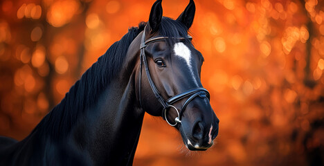 Obraz premium Majestic Black Horse Portrait in Autumnal Setting
