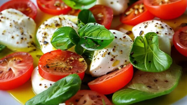 Fresh Caprese Salad with Mozzarella, Tomatoes, and Basil in Olive Oil with Seasoning on a White Plate