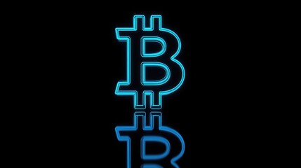 Obraz premium Neon blue Bitcoin symbol, mirrored