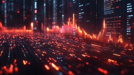 Fototapeta premium Futuristic Data Stream with Dynamic Stock Market Graph Orange and Red Digital Network Visualization