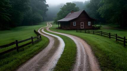 Rustic Red Barn on a Foggy Country Lane