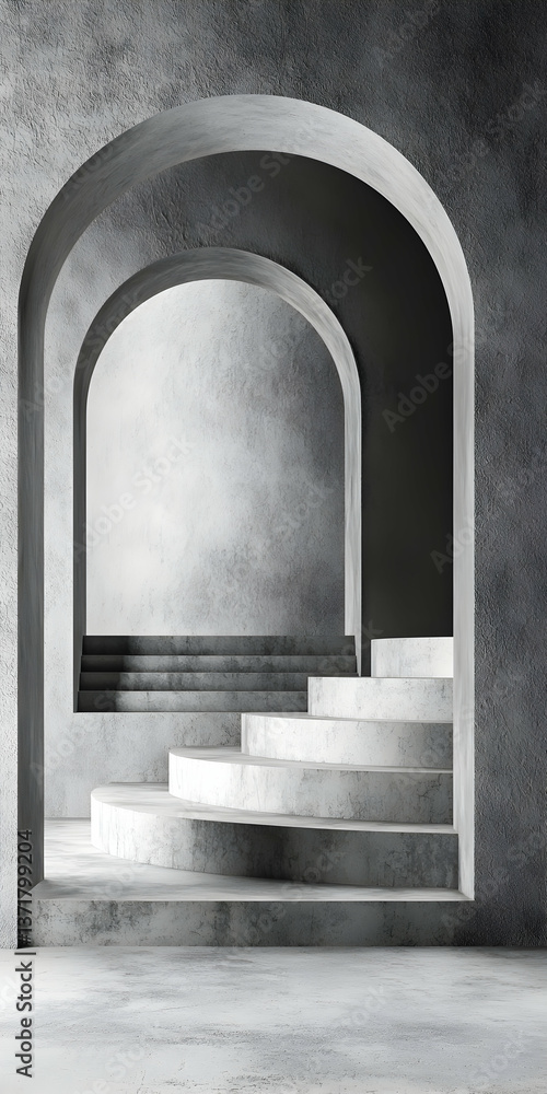 Poster modern gray concrete architecture with archways and staircase
