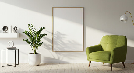 Minimalist living room interior with a stylish green armchair, large blank mockup poster frame on the wall, potted plant, and modern decor. Soft natural lighting and a cozy ambiance