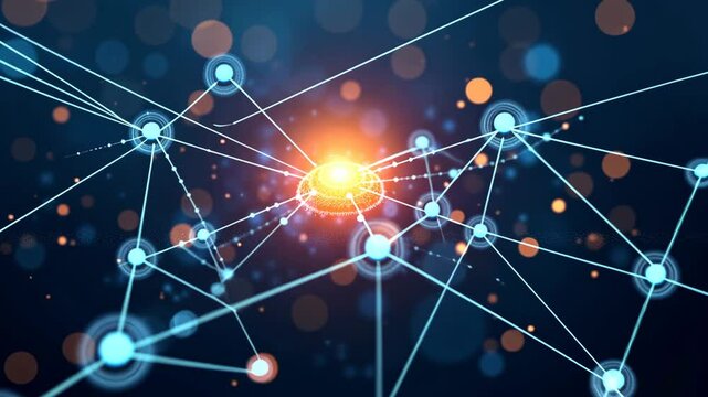 radiant central node connected by network lines to surrounding nodes, representing advanced connectivity and data transfer, concept of networking, internet infrastructure, zoom out