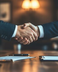 Business handshake deal agreement with formal suit, successful deal closing contract, partnership success in business handshake deal meeting Two professionals shaking hands in agreement.