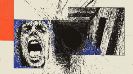 Image showcases a screaming face with abstract geometric elements