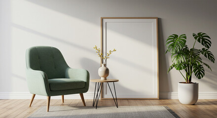 Stylish home decor scene with a muted green accent chair, a framed blank canvas for artwork, a side table with a ceramic vase, and a potted monstera plant. Soft shadows and warm light
