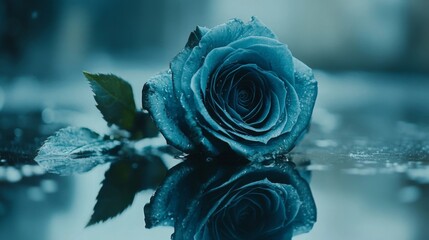 A single blue rose rests on a reflective surface