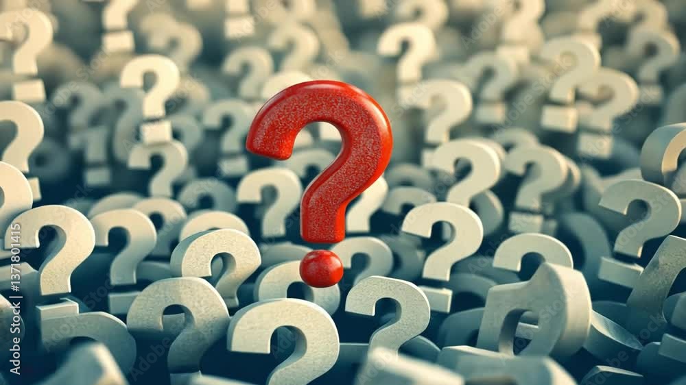 Poster Red Question Mark Standing Out Amongst Gray Question Marks in a Colorful Abstract Background Symbolizing Curiosity and Uncertainty