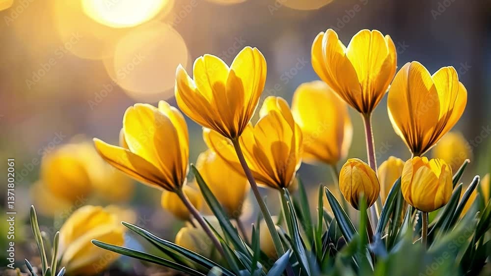 Poster beautiful close-up of vibrant yellow tulips blooming in sunlight with a soft bokeh background creati