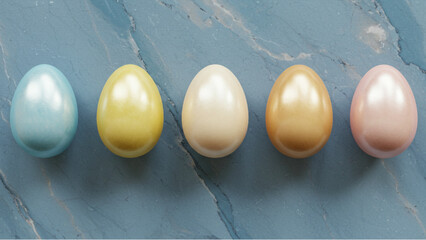  Five Easter eggs of luxury pearl color. Gorgeous blue marble pattern. Vector data.