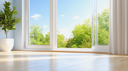 Fototapeta premium Bright and airy room with light curtains fluttering by an open window overlooking a pot of green plants in minimalist style