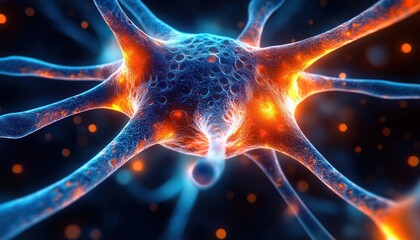 Detailed 3D Render of Neuron Cell Close-Up with Dendrites Axon Soma Nucleus and Nervous Impulses in Vibrant Colors