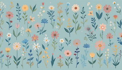 A vibrant pastel floral collection featuring various wildflowers in a charming spring meadow scene