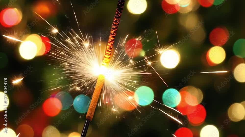 Poster sparkler lighting up the night with colorful bokeh effects from blurred christmas lights in backgrou