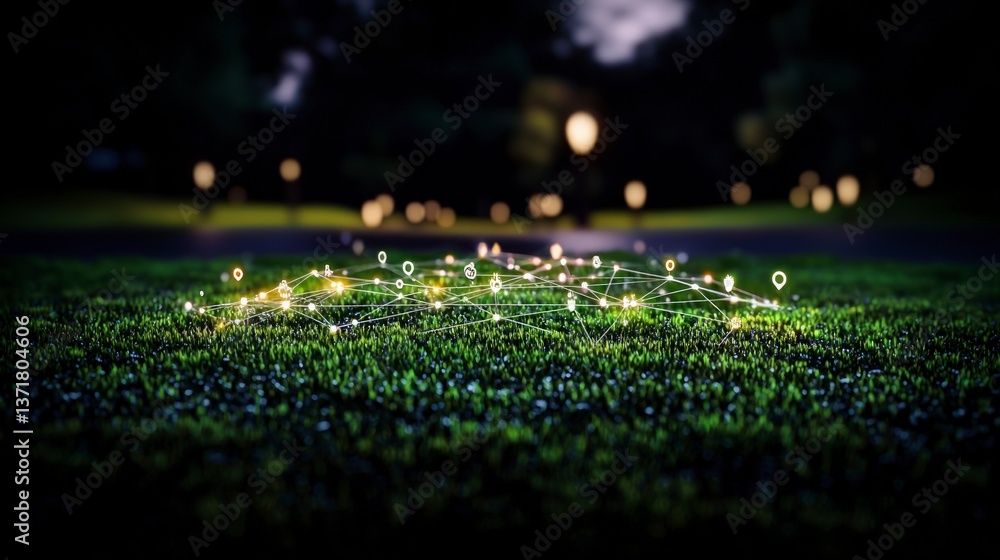 Poster global network connection illuminated nodes on grass at night