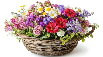 A colorful spring bouquet of pink blossoms and floral arrangement in a basket
