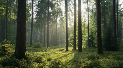 Obraz premium Sunlit Forest Path: Misty Morning in a Coniferous Wood