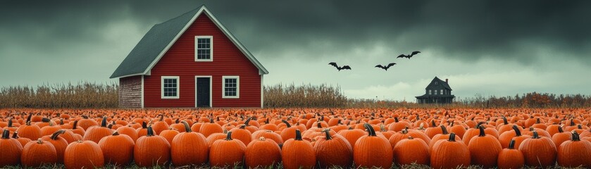 spooky pumpkin patch with red barn, bats flying, and stormy sky creates eerie Halloween atmosphere