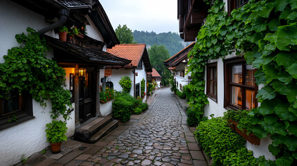 Obraz premium Picturesque Cobblestone Street in European Village