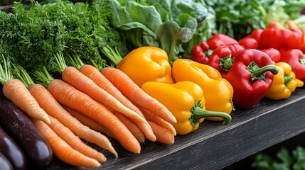 Fresh red and green peppers, ripe tomatoes, and other healthy vegetables on a market stall