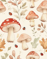 Watercolor patterns Seamless mushrooms and ladybugs. Watercolor Autumn Mushroom Pattern with Ladybugs