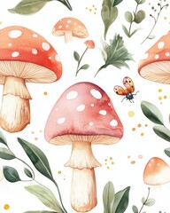 Watercolor patterns Seamless mushrooms and ladybugs. Watercolor Painting of Red Mushrooms and Ladybugs with Green Leaves