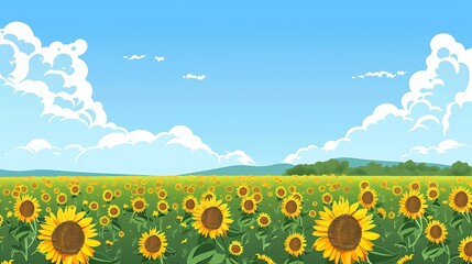 Obraz premium Flat vector sunflower field with a clear blue sky