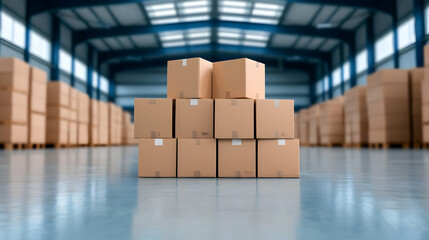 Neatly Stacked Cardboard Boxes in a Spacious Warehouse